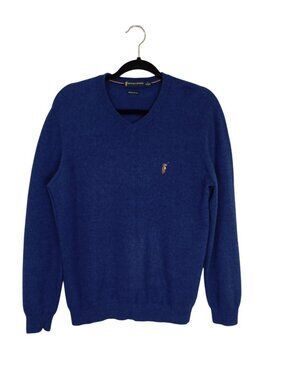WH Polo Sports Mens Blue Cashmere & Wool V-Neck Sweater Regular Fit Size L
